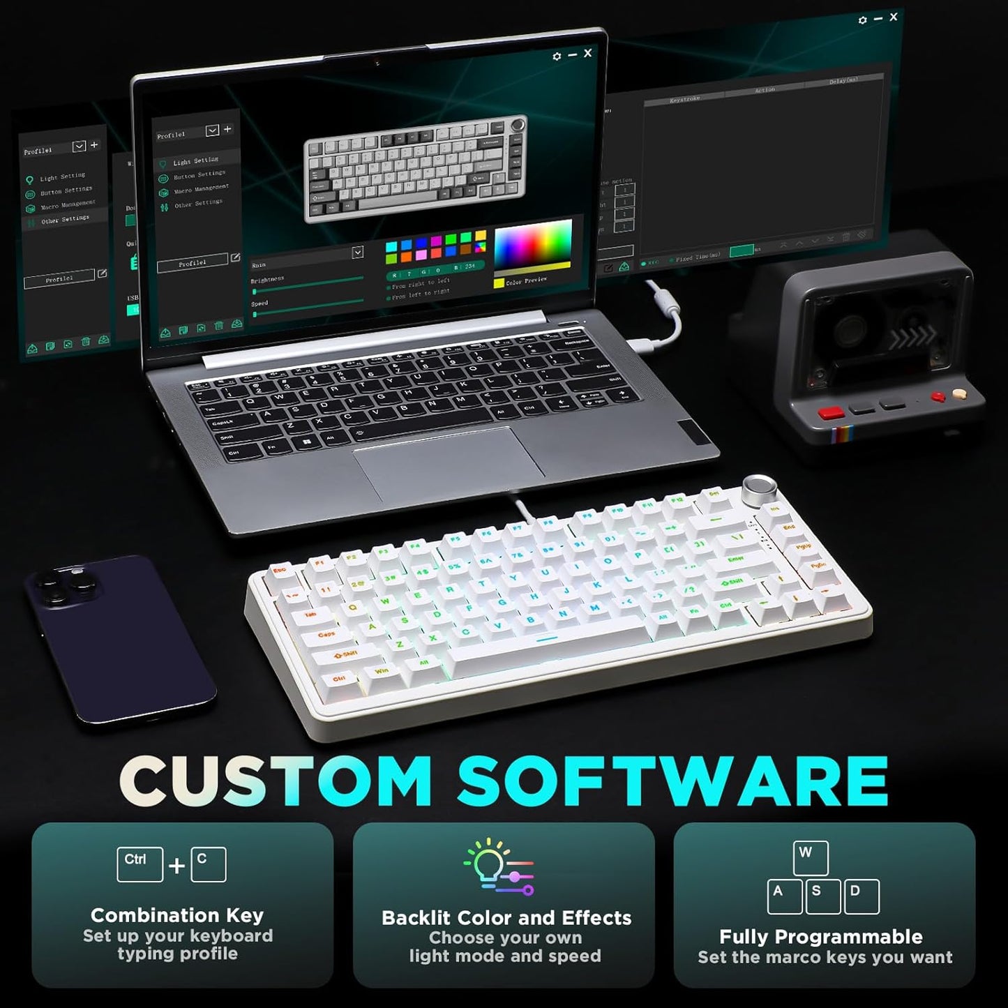 YUNZII B75 Mechanical Keyboard,75% Layout with Knob,Hot Swappable RGB Backlit Gasket Mounted, Creamy Typing, Double-Shot PBT Keycaps,Cherry Profile,for Win/Mac (Black, Milk V2 Linear Switch)