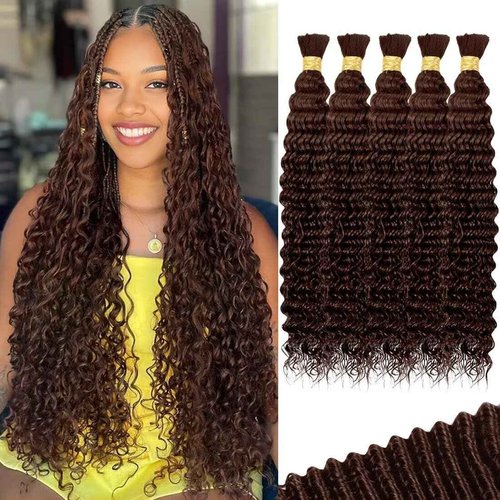 160g 5 Bundles/Pack Chocolate Brown Human Braiding Hair for Boho Braids 20 Inch Curly Boho Hair for Braiding Knotless 12A Deep Wave Bulk Bohemian Color 4