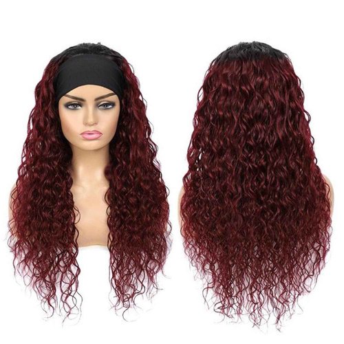 Unvizossa 24inch 1B/99J Burgundy Ombre Headband Wig Deep Wave Human Hair Wigs Headband Wig 150% Density Half Glueless None Lace Front Wigs Brazilian Virgin Human Hair Headband Wigs for Black Women