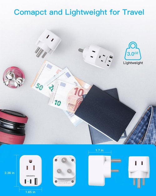 HANYCONY US to India Plug Adapter, Type D Travel Adapter with 4 Outlets 4 USB Ports(2 USB C), India Power Travel Adapter for USA to India, Bangladesh, Maldives, Pakistan