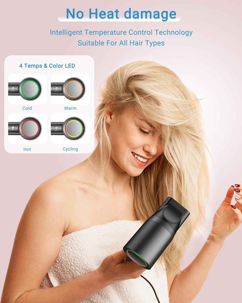 Hair Dryer, 160000 RPM Professional High Speed Ionic Blow Dryer • 500 Million Negative Ions • Intelligent Heat Control & Rapid Drying Speeds • Lightweight • Low Noise, Magnetic Diffuser & Nozzle