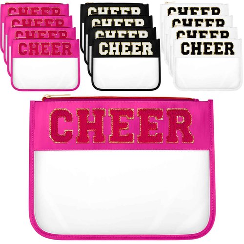 Aliceset 12 Pcs Cheer Chenille Letter Bags, Clear Makeup Cosmetic Bag for Cheerleader Gifts, Preppy Patch Zipper Pouch, Waterproof PVC Travel Toiletry Organizer Women Girls (Black, White, Hot Pink)