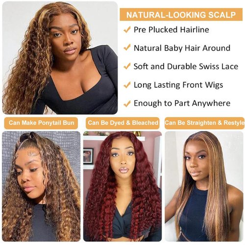 Ladoux Ombre Lace Front Wig Human Hair 13x4 HD Transparent Deep Wave for Women 180% Density 4/27 Honey Blonde Colored Highlight Curly Glueless Wigs 16Inch Pre Plucked with Baby Hair