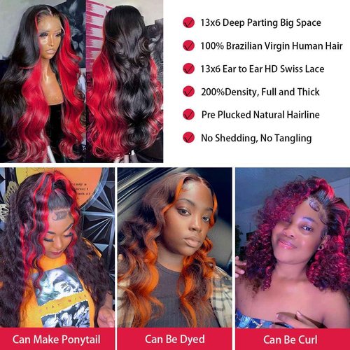 GAIWAC Red Burgundy Colored Wig Human Hair Ombre Skunk Strip 13x6 99J Burgundy Lace Front Wigs Human Hair Ombre 200 Density Body Wave Pre Plucked 13x6 HD Lace Frontal Colored Wigs For Women 22 Inch