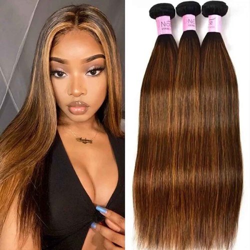 UNice Brown Blonde Straight Human Hair Weave 3 Bundles, Brazilian 100% Virgin Unprocessed Remy Hair Ombre Highlight Color Hair Extensions 100g/pc (10 12 14)