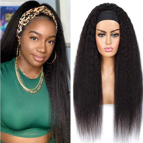 Headband Wig Human Hair 18 Inch Kinky Straight Headband Wigs for Black Women Yaki Straight Human Hair Headband Wig Half Wig Human Hair Natural Black Color