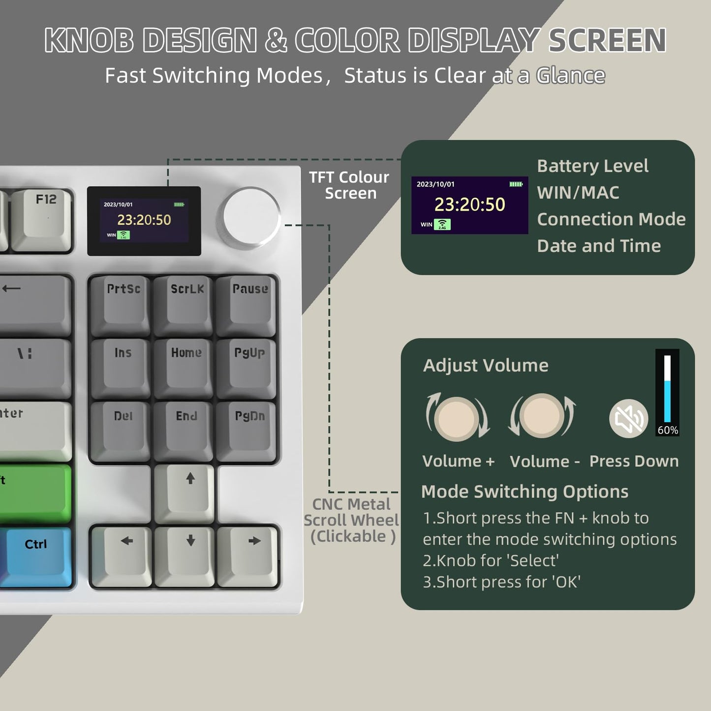 RK86 Mechanical Keyboard, 2.4G Wireless/BT5.0/USB-C Wired Gaming Keyboard 75% Layout TKL 87 Keys with 1.2'' TFT HD Color Display & CNC Knob, 27 RGB Backlit TTC Hot-Swap Linear Switch PBT Keycap - Grey