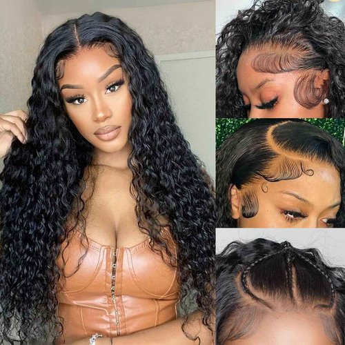 Funky girl Water Wave 13x4 HD Lace Front Wigs Human Hair 180 Density Wet And Wavy Human Hair Wig Pre Plucked Wigs for Woman With Baby Hair Natural Black Color 28 Inch