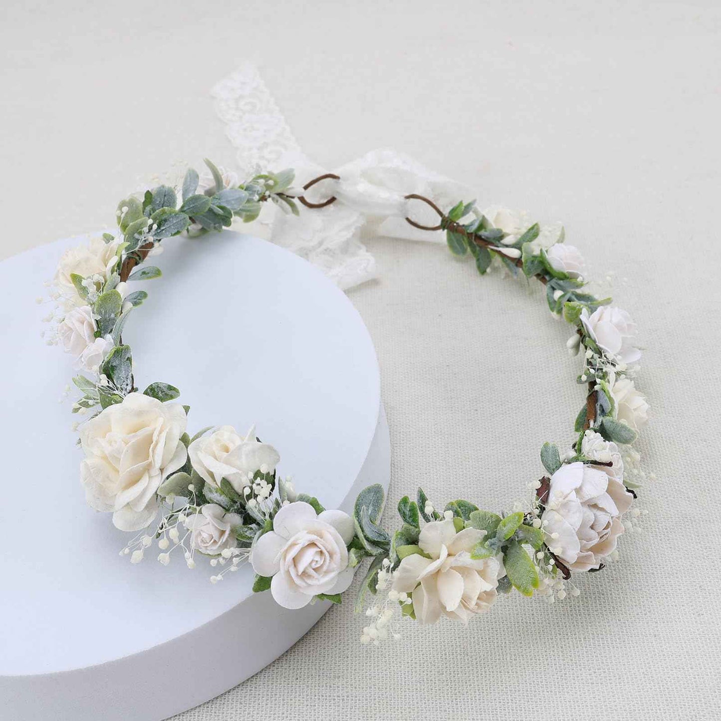 PoshMyra Greenery Flower Crown for Girls White Floral Holo Hair Headpiece bride Wreath Bridemaid Crown Rustic Wedding Women Garland Photo Prop Headband for Adult