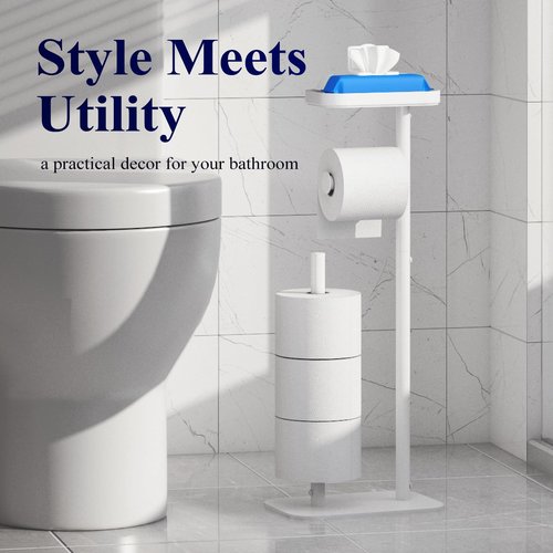 Kitsure Toilet Paper Holder Free Standing – Rustproof Metal Toilet Paper Stand for 4 Rolls with Anti-Slip Base and Shelf for Phone & Small Items, Bathroom Organizers and Storage, Medium, White