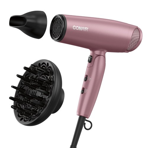 Conair Hair Dryer with Diffuser and Folding Handle, 1875W Travel Blow Dryer with Concentrator, Radiance Boost with Nano-Quartz Ceramic for Less Frizz, More Shine, and Silky Hair, Dusty Rose