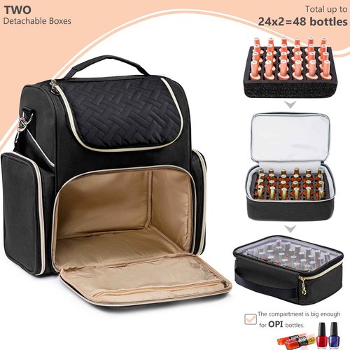 ELCUPA Nail Polish Organizer Holds 48 Bottles and a Nail Lamp, Nail Tech Storage Case Large Nail Polish Bag with 2 Removable Boxes and Tools Storage Pockets