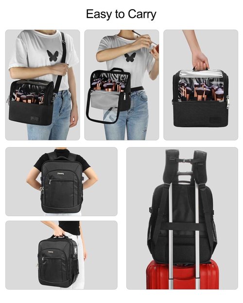 TANTO Makeup Backpack Makeup Artist Bag Professional Extra Large Cosmetic Bags Travel Train Case Storage Organizer Double-Layer Cosmetic Case with 4 Pouch and Brush Organizer (Black, two piece)