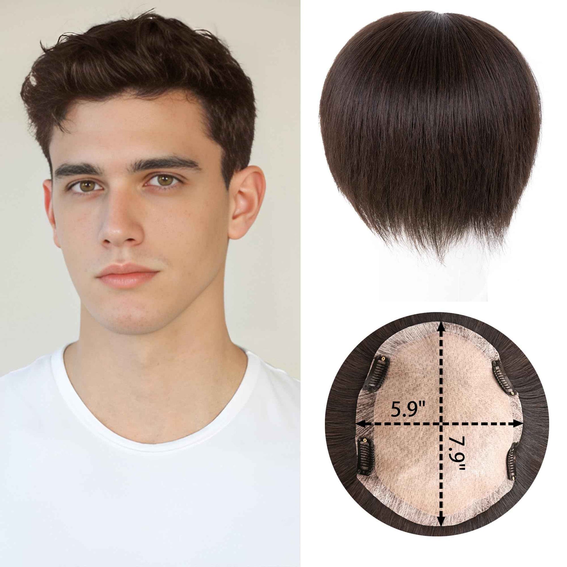 Meiverah Untrimmied Slik Base Toupee with Biological Scalp Toupee Human Hair Extension Clip in Hairpieces Topper Top HairPiece for Men (3#, Dark Brown, 5.9"*7.9", Slik Base Toupee)