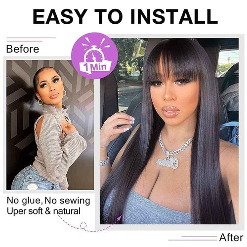 LOVFIR Straight Wig with Bangs Human Hair for Black Women Upgrade 2x1 HD Lace Glueless Wigs with Bangs Human Hair 150% Density Brazilian Virgin Hair 18 Inch