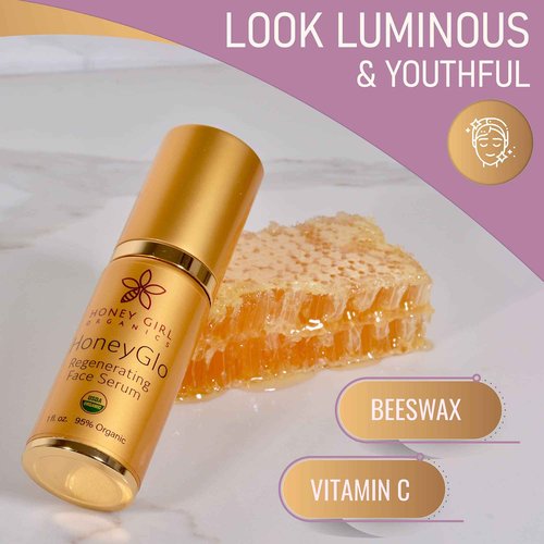 Honey Girl Organics HoneyGlo Regenerating Face Serum, USDA Certified Organic Facial Serum for Women Softens and Moisturizes Skin with Enriched Beehive Ingredients, Vitamin C and EVOO (1 oz)
