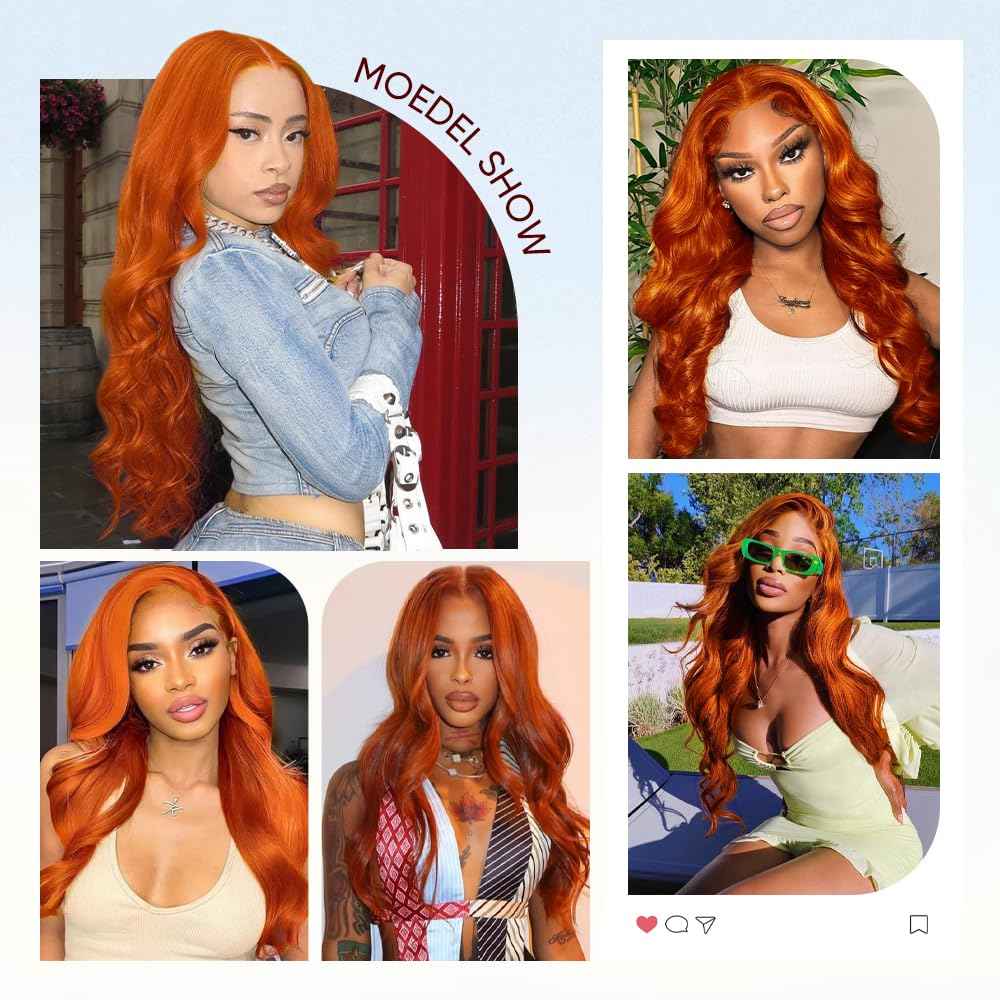 Ginger Lace Front Wig Human Hair Pre Plucked With Baby Hair, 13x6 HD Body Wave Lace Frontal Wig, 180% Density Colored Glueless Orange Wig for Women 24 Inch