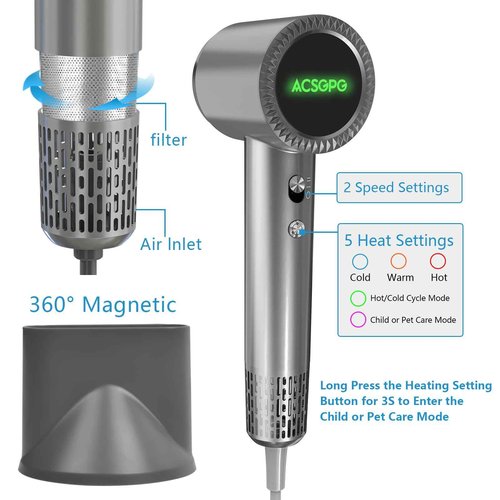 ACSGPG Hair Dryer - 110000 RPM High-Speed Brushless Negative Ionic Hair Blow Dryer - Fast Drying, Low Noise, Lightweight & Thermo Control - Hairdryer with 360° Magnetic Nozzle for Home, Travel(Gray)