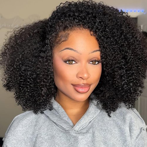 GYRJC Half Wig Human Hair Glueless Wigs Upgrade 3 In 1 Half Wig with Drawstring Seamless Clip Ins Flip Over Wig 200 Density Curly Human Hair Wig for Women Headband Wig 16 Inch