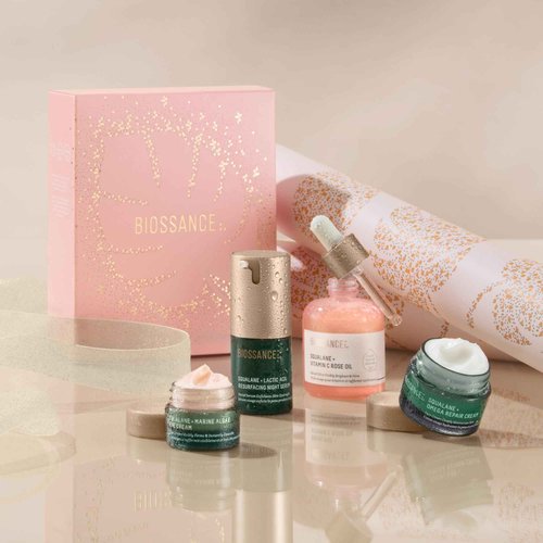 Biossance Most Loved + Luminous Skincare Holiday Gift Set, Vitamin C Rose Face Oil, Marine Algae Eye Cream, Omega Repair Face Moisturizer, and Lactic Acid 10% resurfacing face serum, $143 value, 1 Set