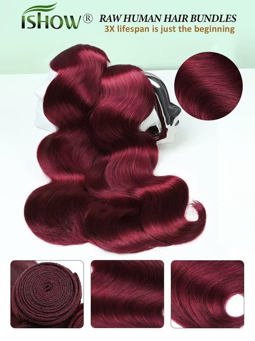 ISHOW Raw Human Hair Bundles, 100% Unprocessed Virgin Human Hair, 15A Body Wave Premium Quality Bundles Producer, 14 Inch Single Bundle, Long Lasting, Red Burgundy Color 99J