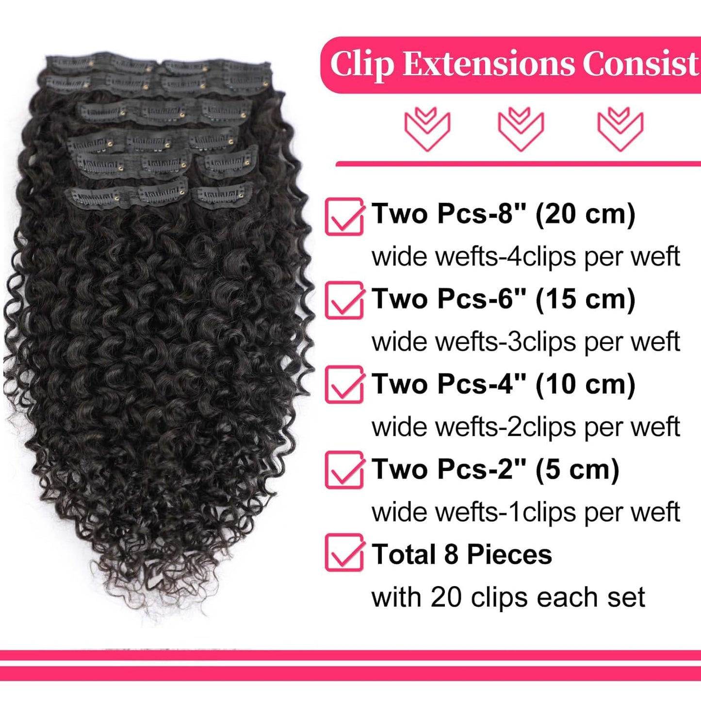 24 Inch Kinky Curly Clip ins Human Hair 110g 8pcs 20 Clips 3C 4A Curly Clip In Hair Extensions Real Human Hair Brazilian Virgin Hair Full Head for Women Natural Black