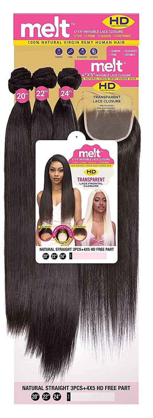 Janet melt 4x5 Invisible Lace Closure HD Free Part Transparent Lace Frontal Closure Natural Virgin Remy Human Hair MELT CLOSURE NATURAL STRAIGHT 3PCS (10"12"14", NATURAL)