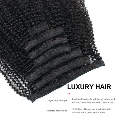 ABH AMAZINGBEAUTY HAIR Afro Coily Clip in Hair Extensions Real Human Hair 4B and 4C Double Wefts Remy Coily Clip ins for African Americans 120 Grams 7pcs 17 Clips, #1B Natural Black 16 Inch
