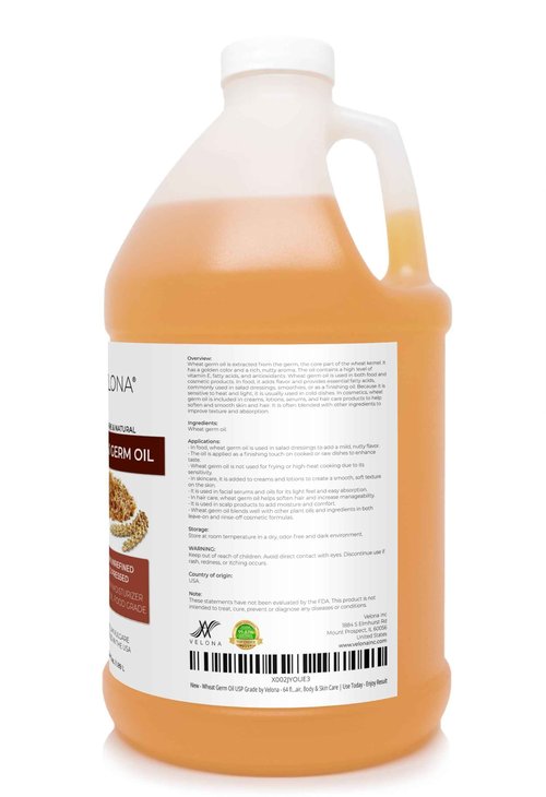 Wheat Germ Oil USP Grade by Velona - 64 fl oz | 100% Pure and Natural Carrier Oil | Unrefined, Cold Pressed | Cooking, Face, Hair, Body & Skin Care | Use Today - Enjoy Result