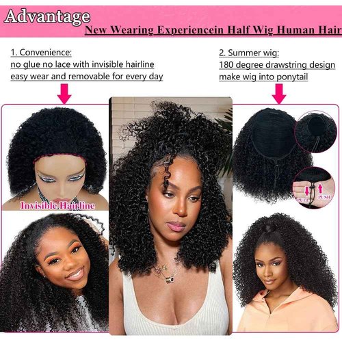 Kinky Curly Half Wig Human Hair 200 Density 3 In 1 Seamless Flip Over Half Wigs Wear Go Glueless Wigs Human Hair for Women Curly Half Wig Human Hair Drawstring Headband Wig Beginner Friendly 18 Inch
