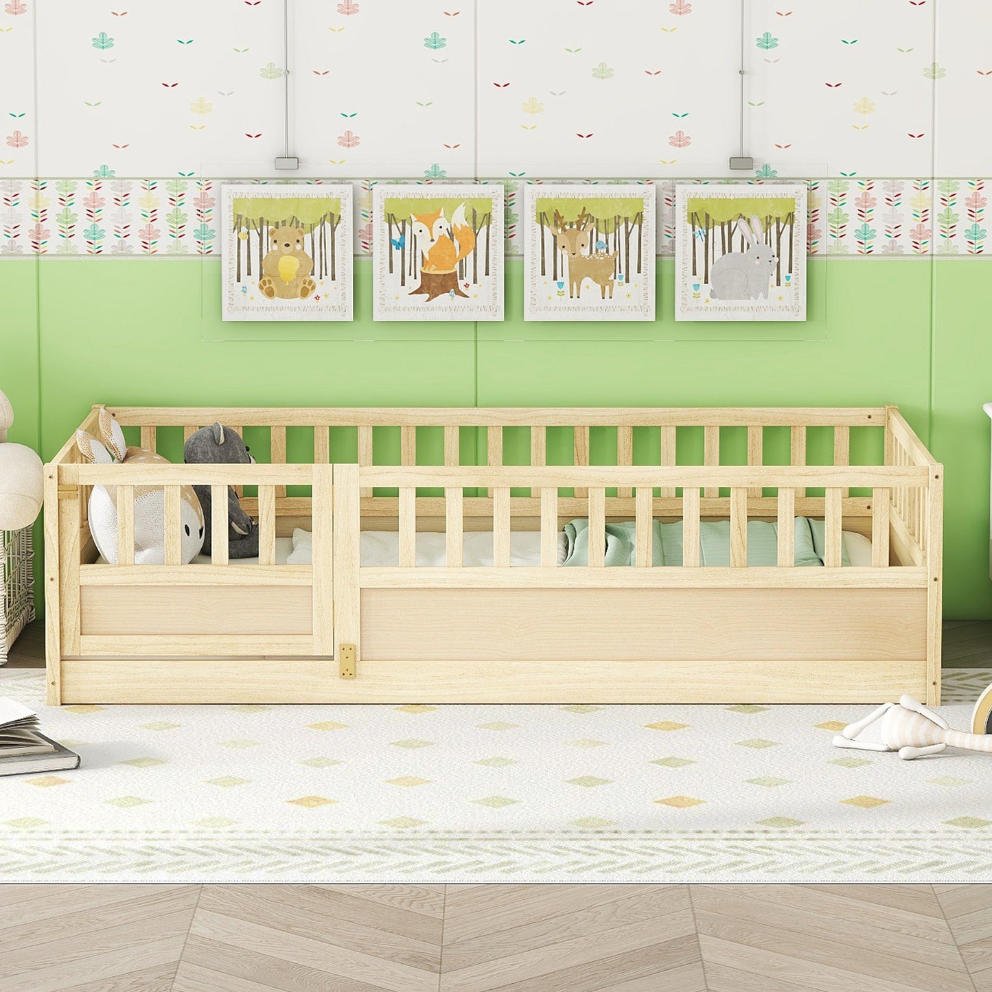 Twin Size Montessori Floor Bed Frame with Safety Barrier - Natural Wood