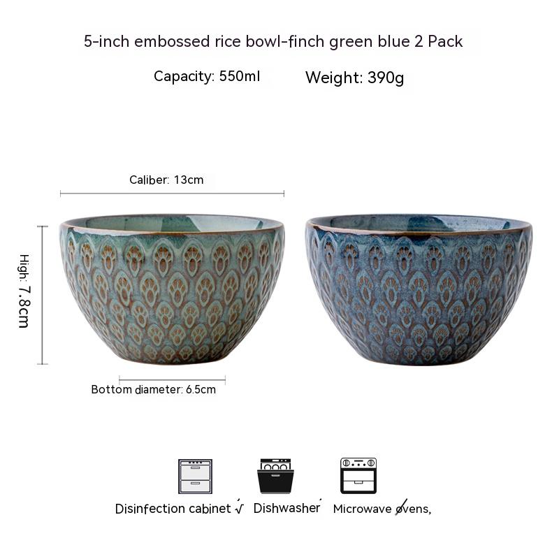 Ceramic Peacock Relief Rice Bowl Set - 5-Inch Kitchen Tableware