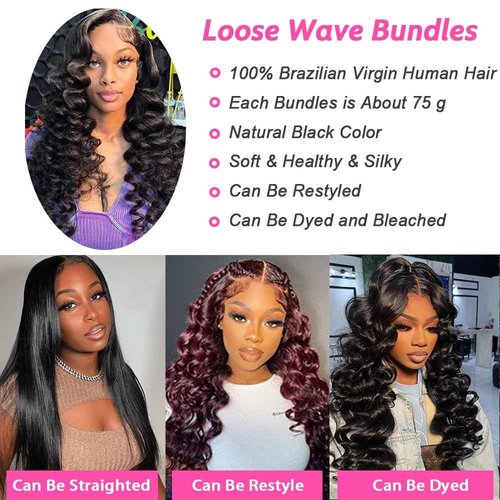 Weydlor Loose Body Wave Bundles Human Hair with Frontal (14 16 18+12) 12A Grade 100% Body Wave Human Hair Extensions 13x4 Lace Frontal Human Hair 180% Density Natural Black