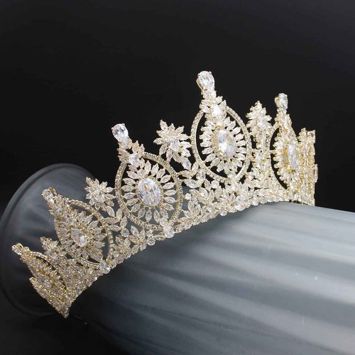 Vintage Cubic Zirconia Wedding Tiara for Bride Quince Prom Homecoming Pageant Costume Princess Queen Crown Large Crystal Birthday Headpieces Silver Bridal Hair Accessories (Gold)