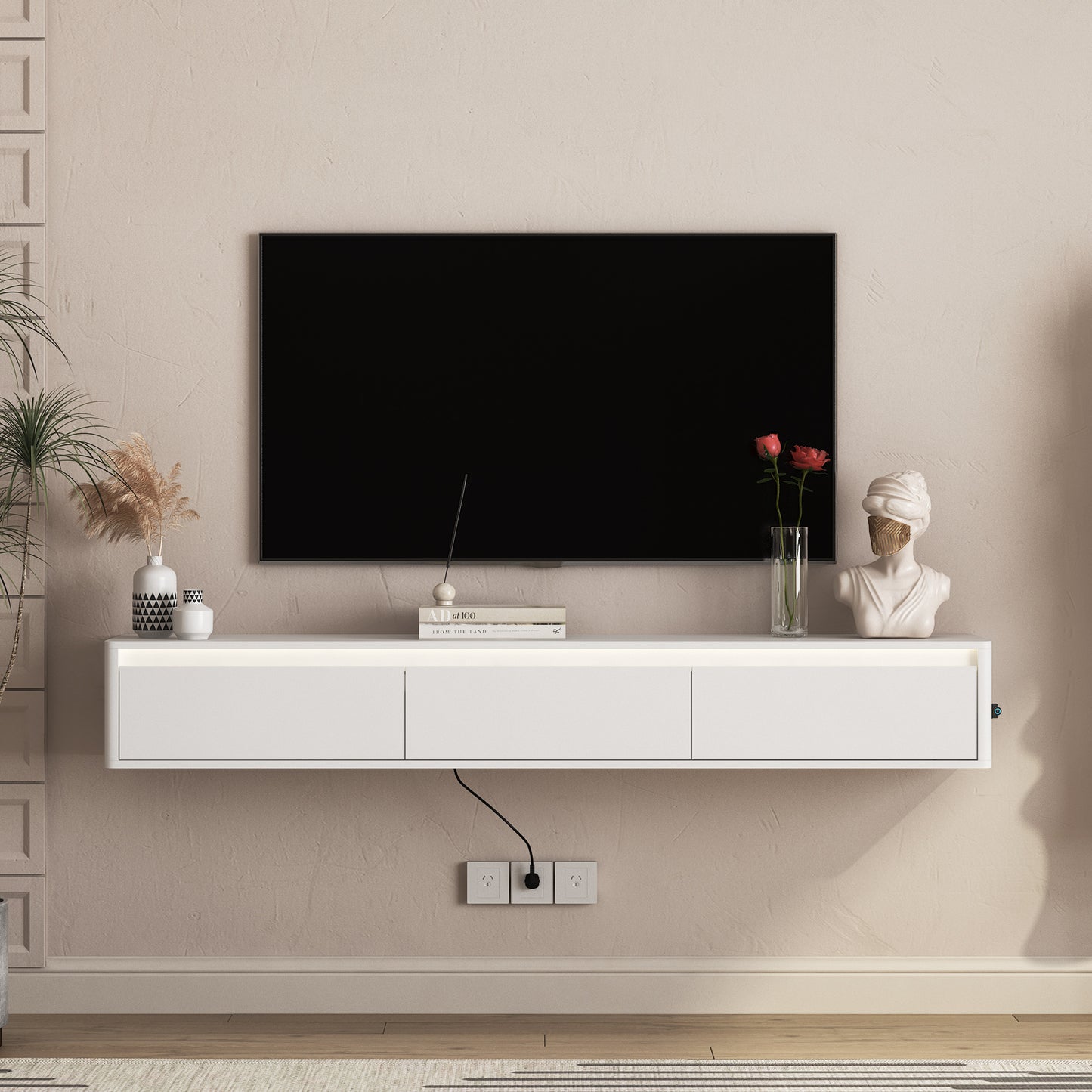 Floating TV Stand with LED Lights & Power Outlet - White