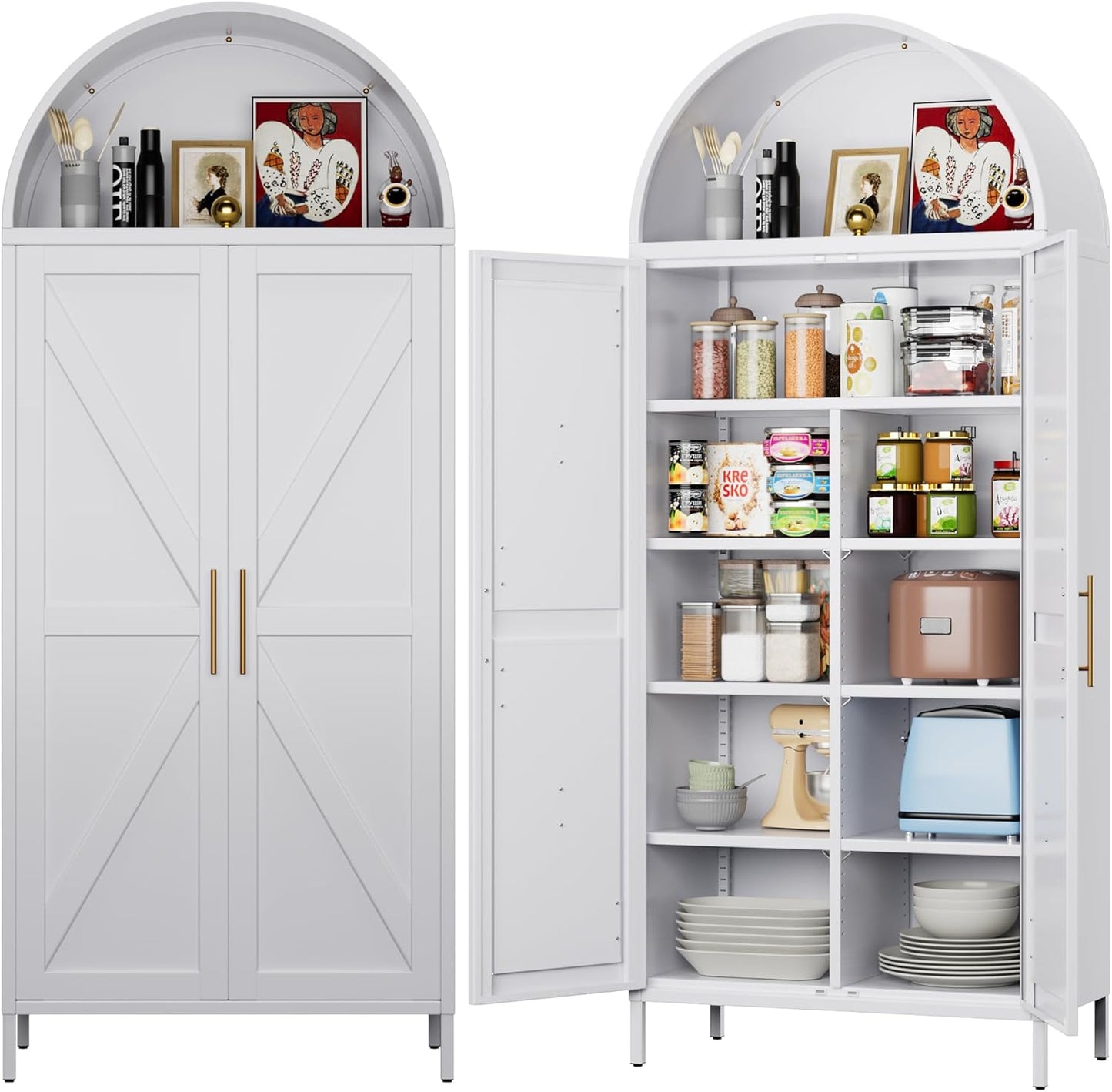 Tall Arched Kitchen Pantry Cabinet with Adjustable Shelves - White