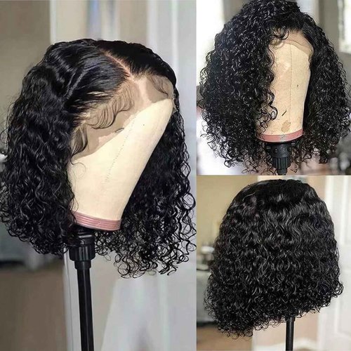 13x6 Bob Wig Human Hair Deep Curly Frontal Lace Wig Human Hair HD Transparent Lace Front Wigs Pre Plucked Lace Frontal Wigs Natural Black 16 Inch