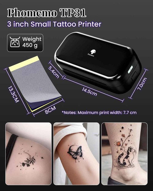 Phomemo TP31 Tattoo Stencil Printer -Mini Tattoo Printer Machine with 30pcs Transfer Paper,Small Portable Tattoo Machine for Beginners/Enthusiast/Artists,Easy to Use with Smartphone,Pad- Black