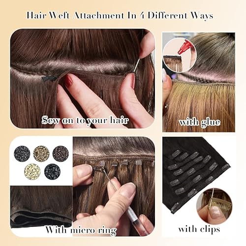 Sew in Weft Hair Extensions Human Hair 22Inch Light Brown Highlights Platinum Blonde Sew in Hair Extension Real Human Hair Highlights Weft Virgin Hair Full Head Hair Bundles 120g for White Women