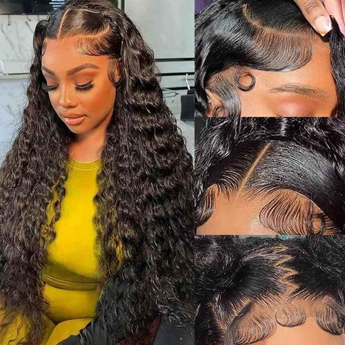 Dundix Deep Wave Lace Front Wigs Human Hair 13x6 HD Lace Front Wigs 200 Density Deep Curly Glueless Wigs Pre Plucked Curly Human Hair Wig for Women 16 Inch