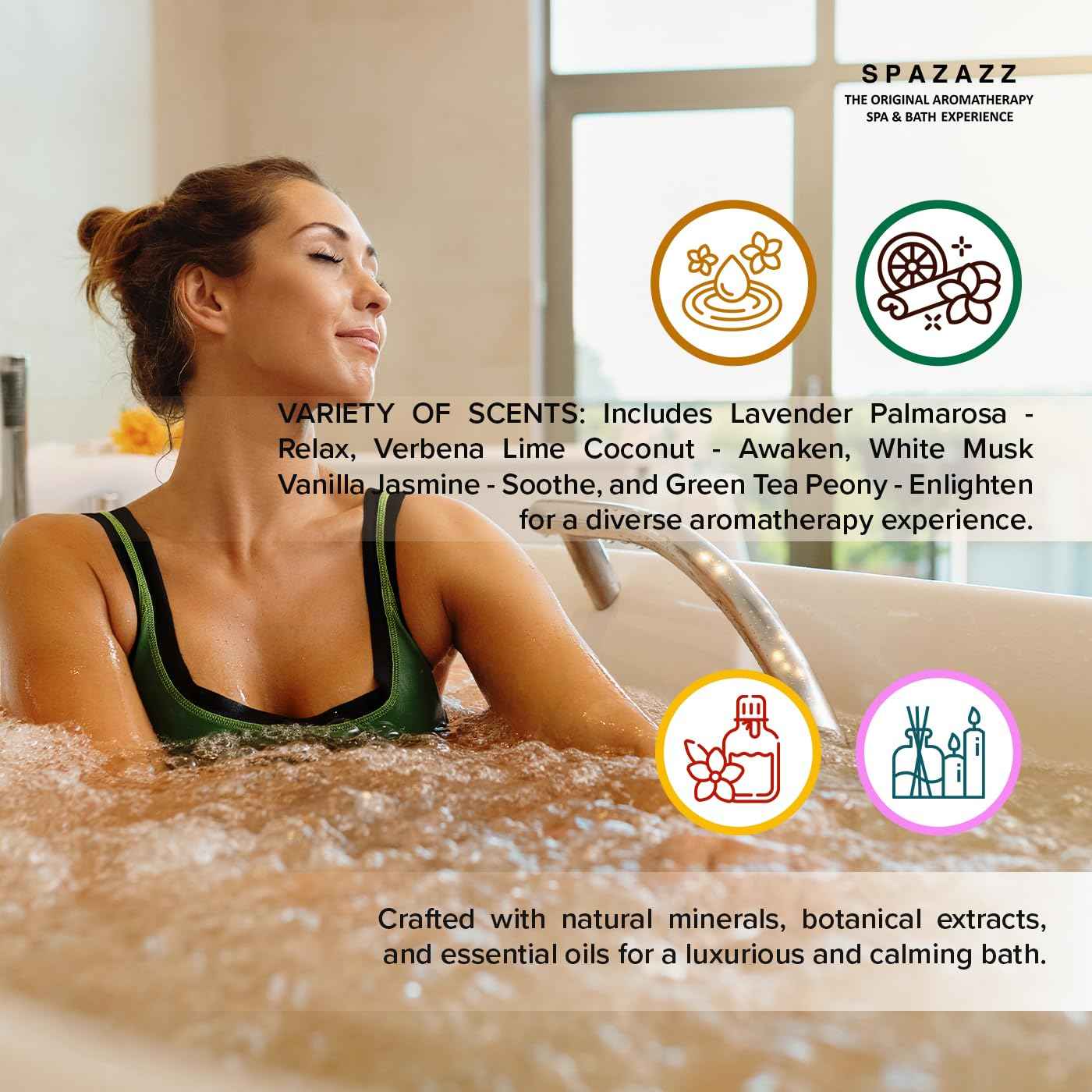 Hot Tub & Spa Bath Salt Aromatherapy Crystals Gift Set - Spazazz Escape Collection Bundle 4-Pack (22oz Each) - Lavender Palmarosa, Verbena Lime Coconut, Green Tea Peony, White Musk Vanilla Jasmine