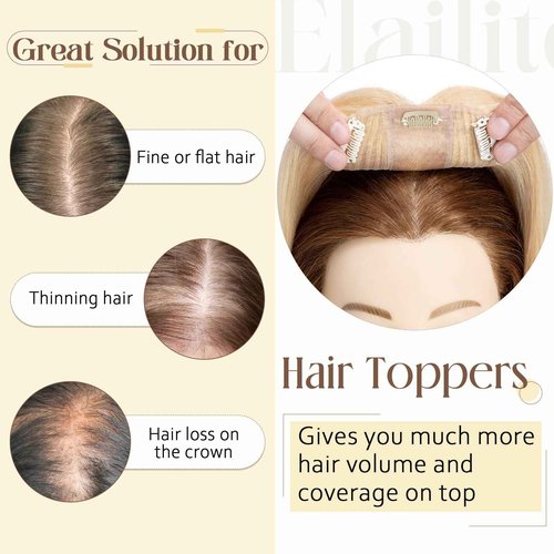 Elailite Human Hair Toppers for Women Real Human Hair Thin 4.7"x3.9" Silk Base Clip in Remy Hairpieces 8 Inch Sandy Blonde mix Bleach Blonde