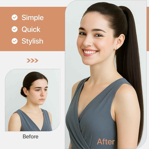 TESSHAIR Claw Clip In Ponytail Extension, 100% Human Hair Ponytail Extension, No Tangle & Smooth, 105g, 14 Inch #Medium Brown & Dark Blonde