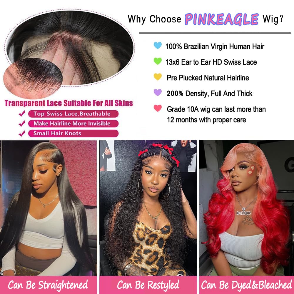 PINKEAGLE 13x6 Lace Front Wigs Human Hair 200% Density Body Wave HD Lace Front Wigs Human Hair Pre Plucked Glueless 13x6 Full Frontal Wig for Women Natural Black 22 Inch
