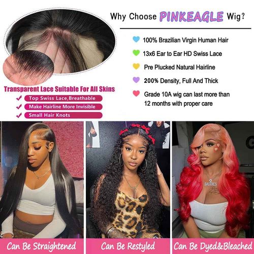 PINKEAGLE 30 Inch 13x6 Lace Front Wigs Human Hair 200% Density Body Wave HD Lace Front Wigs Human Hair Pre Plucked Glueless 13x6 Full Frontal Wig for Women Natural Black