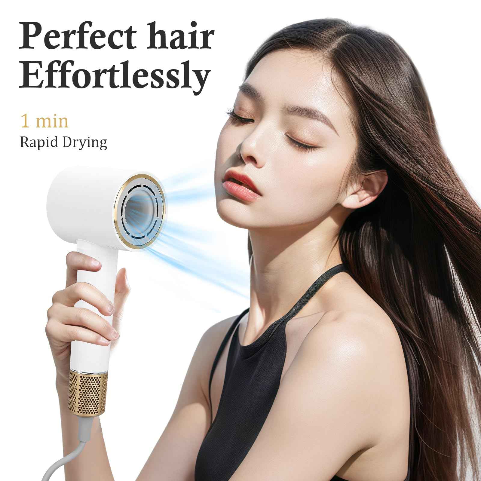 Hair Dryer,110000 RPM High-Speed Brushless Motor,GFCI Safety Plug-for high Humidity,Negative Ionic Fast Drying, Low Noise,Thermo-Control Hair-Dryer-with-LED Display and Nozzle (White)
