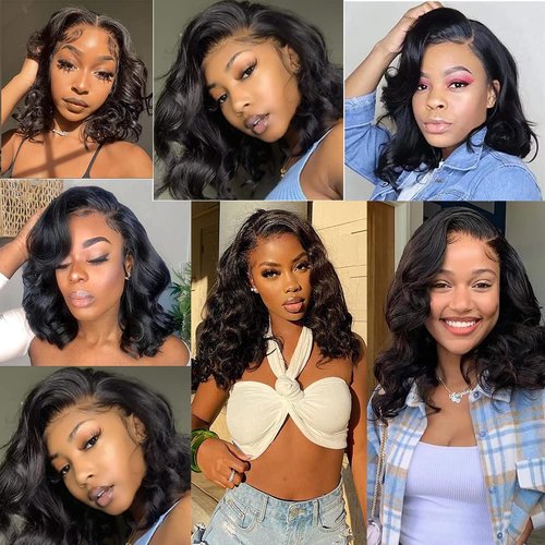 Cfaimity Lace Front Wigs Human Hair Short Bob Wigs 13x4 Body Wave Lace Frontal Wig Pre Plucked with Baby Hair 180% Density Black Women Brazilian Virgin Real Hair Natural Color 16Inch