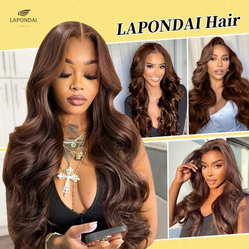 LAPONDAI 13x6 Chocolate Brown Lace Front Wig Human 200% Density Body Wave Wig HD Transparent Front Wig Human Hair Pre Plucked with Baby Hair Brown Colored Wigs Brown Wig 28 Inch