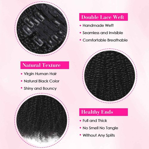 Afro Kinky Curly Clip In Hair Extensions 120g Brazilian Virgin Human Hair for Black Women 4B 4C Natural Black 8Pcs 20 Clips Seamless & Tangle-Free 20 Inch