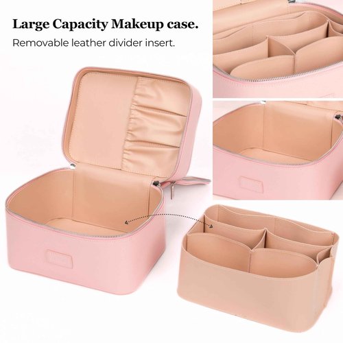 ZEVGANI Vanity Case Leather Makeup Bag with Mirror, Large Travel Toiletry Bag Make up Cosmetic Organizer Dual Compartments Brush Storage & Removable Divider for Full-Size Toiletries Skincare, Pink